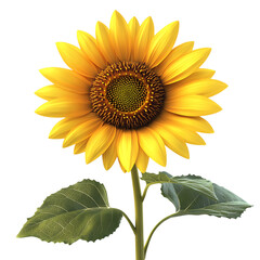 Obraz premium Bright yellow sunflower with green leaves on black background