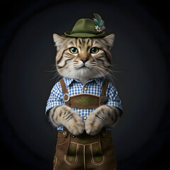 Pallas's cat in traditional German costume. Portrait against a dark background. Hyperrealistic illustration.