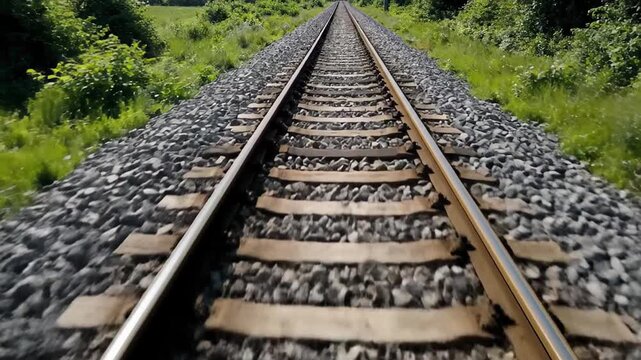 Rapid point of view shot racing alongside a train track. The view captures the swift movement of the steel rails and wooden sleepers as they zoom past