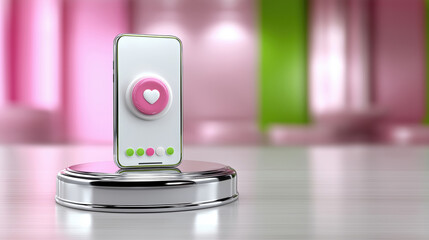 Modern smartphone with heart button on stylish display stand