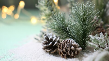 Christmas Corner with Fresh Pine Branches: Detailed Needles, Frosted/Natural Pine Cones, Warm Fairy Lights, Soft Mint Green Matte Background