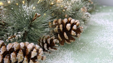 Christmas Corner with Fresh Pine Branches: Detailed Needles, Frosted/Natural Pine Cones, Warm Fairy Lights, Soft Mint Green Matte Background