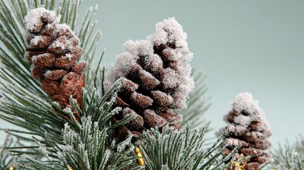 Christmas Corner with Fresh Pine Branches: Detailed Needles, Frosted/Natural Pine Cones, Warm Fairy Lights, Soft Mint Green Matte Background