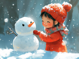 A little girl and a snowman have a winter conversation