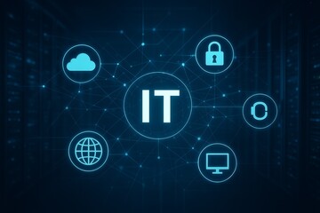 This image represents the modern concept of information technology (IT), focusing on digital networks, cloud computing, cybersecurity, and futuristic data solutions. The abstract background illustrate