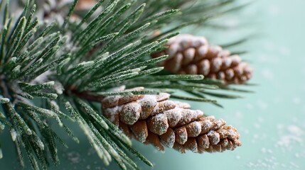 Christmas Corner with Fresh Pine Branches: Detailed Needles, Frosted/Natural Pine Cones, Warm Fairy Lights, Soft Mint Green Matte Background