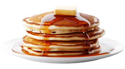 Fluffy stack of pancakes drizzled with maple syrup and butter