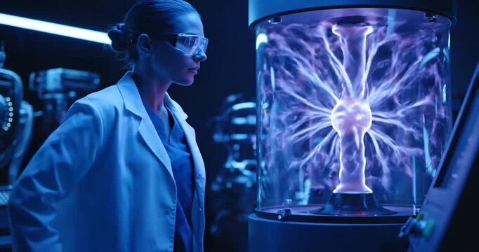 Curious woman in a labcoat observes glowing plasma device inside a high-tech laboratory, captured in a detailed scientific photo from a side view