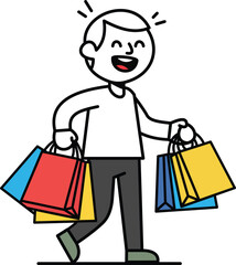 Vector art of happy man walking with shopping bags