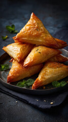 Delicious and crispy samosas arranged on a plate, garnished with fresh mint leaves