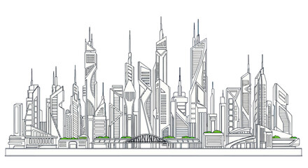 Obraz premium Futuristic City Skyline Line Art Drawing with Modern Tall Buildings.