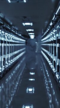 Server room corridor of mirrored racks and glowing network equipment creating an abstract, futuristic tunnel symbolizing global connectivity, data flow and cloud infrastructure