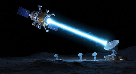 A futuristic spacecraft transmits a powerful blue energy beam to a communication array on the surface of the Moon.