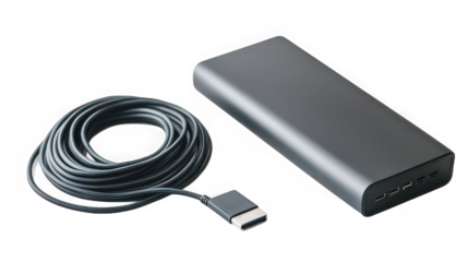 Gray power bank with coiled cable for charging devices