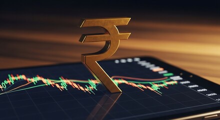 Golden Indian Rupee Symbol Rests Above a Mobile Phone Displaying a Financial Stock Market Trading Chart Representing Economic Growth and Investment Opportunities