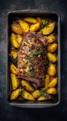 A delicious roasted meat dish, surrounded by golden potatoes and herbs in a metal baking tray