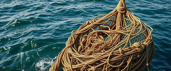 Intricate fishing net adrift at sea, tangled and weathered, strand, fishing gear