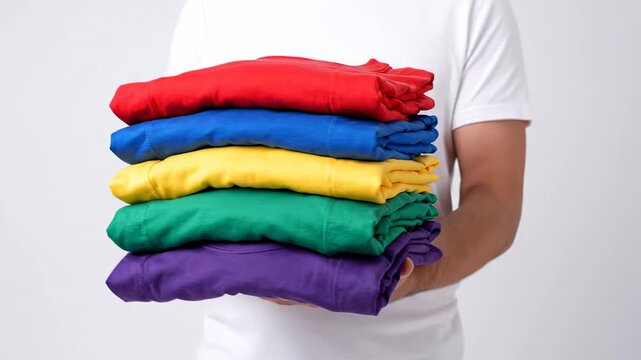 Anonymous person wearing a white t shirt, showcasing a carefully arranged stack of colorful t shirts in the LGBTQ pride flag colors, set against a white backdrop