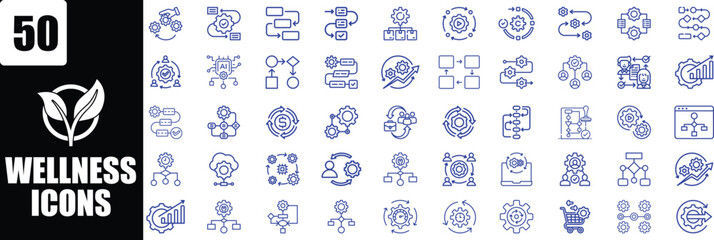 Collection of 50 Wellness and Process Flow Icons for Business and Technology