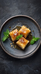 Delectable Baklava Pastries beautifully presented on a plate, drizzled with sweet syrup and garnished with fresh mint leaves