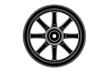 Obraz premium Black Vector Silhouette: Dharma Wheel (Buddhism/Jainism) A strong black vector silhouette of the Dharma Wheel (Dharmachakra), specifically with eight spokes (representing the Noble Eightfold Path)