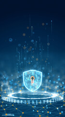 Vertical digital illustration of glowing shield with keyhole symbol representing cybersecurity and data protection in a futuristic network background.