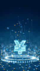 Vertical digital illustration of yen currency symbol glowing in blue with floating financial icons and technology network background.