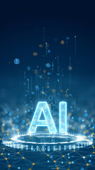 Vertical glowing AI letters on futuristic platform representing artificial intelligence, automation, and modern technology in a digital network background.