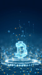 Vertical digital artwork showing a glowing bitcoin symbol above a circular futuristic platform surrounded by blockchain and finance icons.