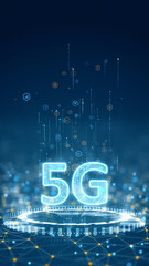 Vertical digital illustration of glowing 5G letters above a futuristic platform symbolizing next-generation network speed and communication technology.