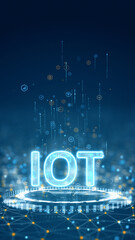 Vertical digital illustration of glowing IOT letters emerging from a futuristic circular platform representing Internet of Things technology and connectivity.