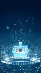 Vertical digital artwork of glowing robot face above futuristic platform symbolizing robotics, automation, and modern AI technology in a cyber network.