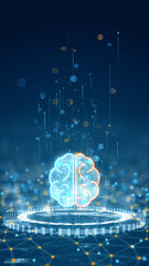 Vertical glowing illustration of human brain with digital circuits symbolizing artificial intelligence, innovation, and cognitive technology in a cyber background.