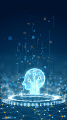 Vertical digital illustration of glowing robotic head above futuristic circular platform representing AI, robotics, and machine intelligence technology.