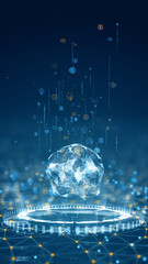 Vertical digital artwork of glowing low-poly brain structure symbolizing innovation, AI intelligence, and futuristic data technology in blue cyber background.