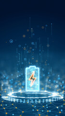 Vertical illustration of glowing battery with lightning symbol representing energy storage, charging technology, and sustainable power concept.