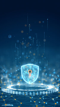 Vertical digital illustration of glowing shield with keyhole symbol representing cybersecurity and data protection in a futuristic network background.