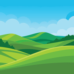 Obraz premium Rolling Green Hills and Blue Sky with Clouds Landscape Illustration nature rolling hills