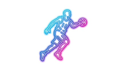 Neon Basketball Player Dribbling Ball with Colorful Outline. © Rizal
