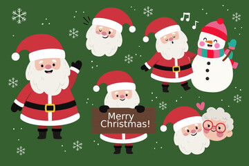 Set of funny cute Santa Claus characters with different poses, emotions, holiday situations isolated on white background.