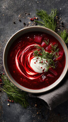 A vibrant bowl of rich, red soup, artfully garnished with fresh herbs and a dollop of cream