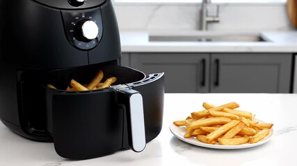 Contemporary black air fryer rests on a sleek marble countertop, with the open basket showcasing piping hot french fries. A plate of fries is conveniently placed beside it