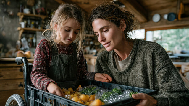 A woman and her young daughter working together to place recyclables into bins in a bright modern kitchen, natural daylight, warm candid eco-friendly family lifestyle moment