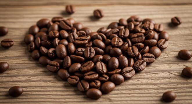 Heart shape formed by coffee beans on a wooden surface creating a warm and inviting scene - Powered by Adobe