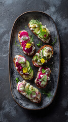 A top-down shot of artfully arranged open-faced sandwiches on a rustic platter, a true feast for the eyes