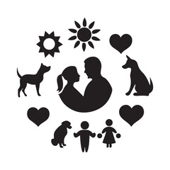 Silhouette family love with dogs and sun symbols arranged in a circle