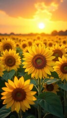 Fototapeta premium A field of vibrant sunflowers basking in the golden sunlight, their faces turned towards the radiant sun A breathtaking display of nature's beauty and the power of the sun , macro, sky