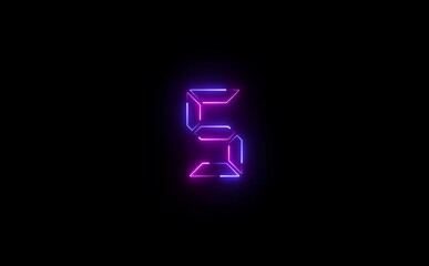 Glowing neon number five with blue and pink outlines on a dark black background in a digital style