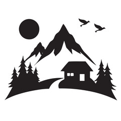 Silhouette of a cabin nestled in mountains with trees and birds at sunset