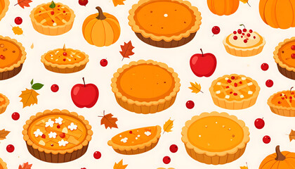 A festive pattern of autumn foods including pumpkin pies, apples, and pumpkins, with fall leaves and red berries scattered throughout.